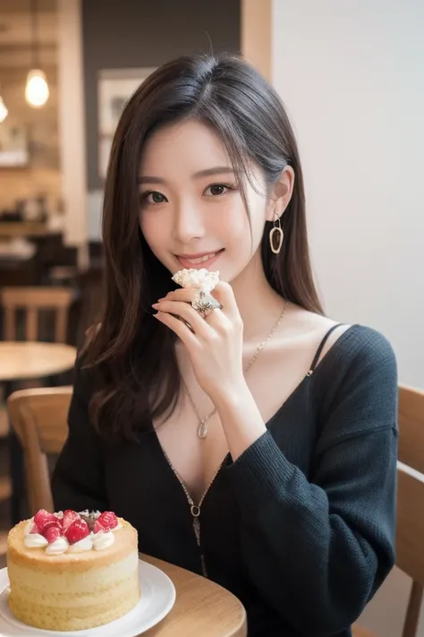  Inhaling Eyes , cute double ,  mysterious woman enjoying chiffon cake at cafe,  inside a calm cafe , Light colored medium hair, hairpin,  clothes chosen for a date , Talented , Kind personality,  woman who is very particular about the details ,  detailed ...