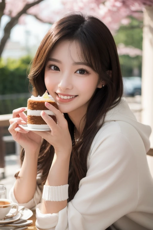  Inhaling Eyes , cute double ,  mysterious woman enjoying chiffon cake at cafe,  inside a calm cafe , Light colored medium hair, hairpin,  clothes chosen for a date , Talented , Kind personality,  woman who is very particular about the details ,  detailed ...