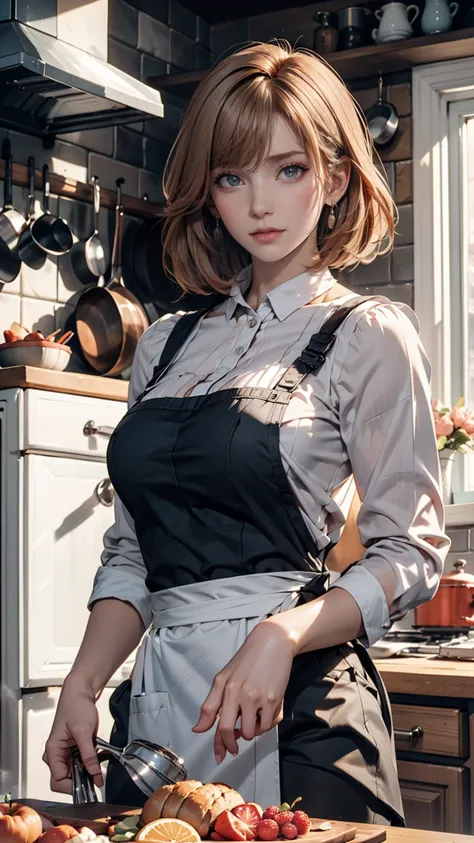  close-up portrait of a girl, Classic Bob,  apron,  Amazing body  , Clear Feminine Characteristics , Big Breasts, kitchen, [Ash Blonde | ginger |  pink hair], Freckles,  View