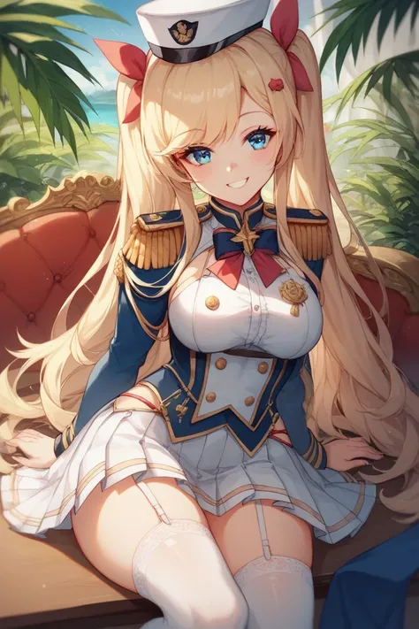 "A stunning anime-style young woman inspired by the physical aesthetics of Azur Lane characters. She has long blonde hair styled in loose twin ponytails, tied with pink ribbons, bright blue eyes, and a confident, alluring smile. She is dressed in a detaile...