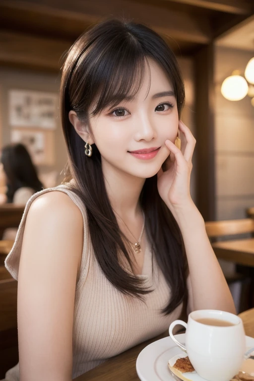  Inhaling Eyes , cute double ,  mystery woman enjoying chiffon cake at cafe,  inside a calm cafe , Light colored medium hair, hairpin,  clothes chosen for a date , Talented , Kind personality,  woman who is very particular about the details ,  detailed hai...