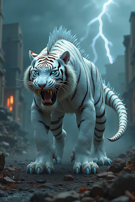 A hyper-realistic, cinematic 16k masterpiece showcasing a hybrid creature that combines the ferocity of a white tiger with the menacing features of an iguana. This hybrid has the muscular, sleek body of a white tiger, its fur shimmering in icy tones, but w...