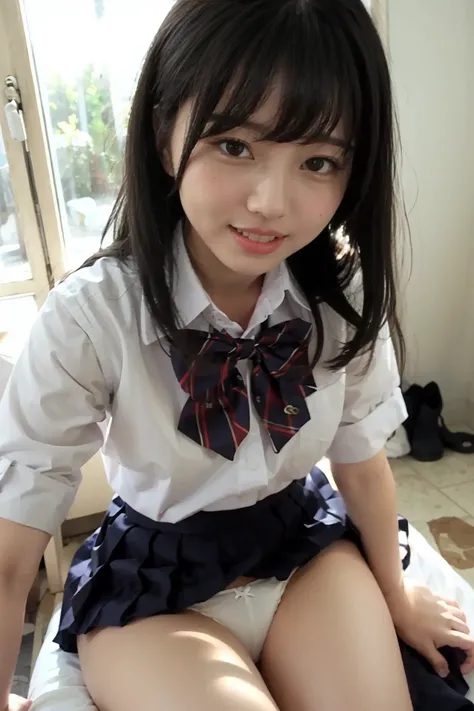 JK, girl、smile、 white collared blouse、 navy blue pleated skirt、 Red Plaid School Bow、 sitting with legs open 、 white panties、