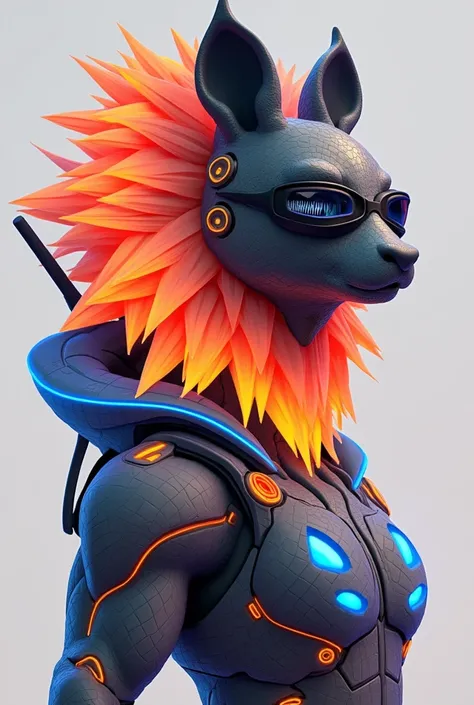 Create a character for a technology company, depicting a genius inventor. embodies a futuristic, anthropomorphized giant paintbrush.This character with a unique skin texture featuring patterns generated by complex algorithms.His mane is composed of paintbr...