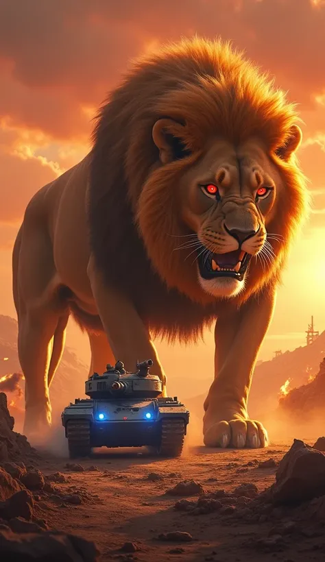 "A tense standoff between a massive, golden-furred lion with glowing red eyes and a roaring tank. The lion, its muscular form illuminated by the fiery glow of the sunset, crouches low, ready to pounce. Its sharp claws dig into the cracked, dusty ground as ...