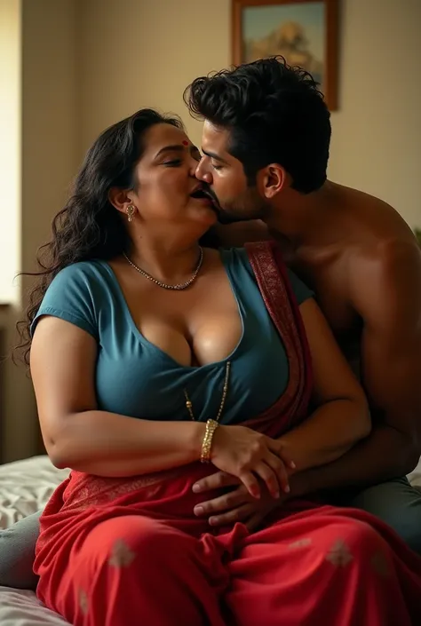 Photo of a voluptuous matured indian aunty, Dusky Skin, wearing a thin red saree and blue blouse, her large cleavage exposed, sitting on bed, Hair wet, red sindoor on her forehead, Smiling, A shirtless young indian guy Holds her Waist and kisses her neck f...