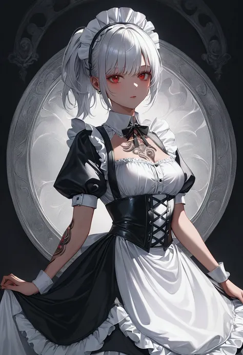 tanned skin cool beauty, silver shiny silky short ponytail, amorous and lewd expression, captivating red eyes, superlative body proportion, covered in tattoos, wearing black and white Northern Renaissance Gothic style maid outfit, background iridescent var...