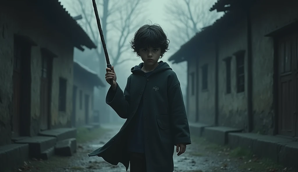 A shadowy illustration of a young boy with a wand, his face determined, standing in a rural or simple village setting, symbolizing his humble beginnings.