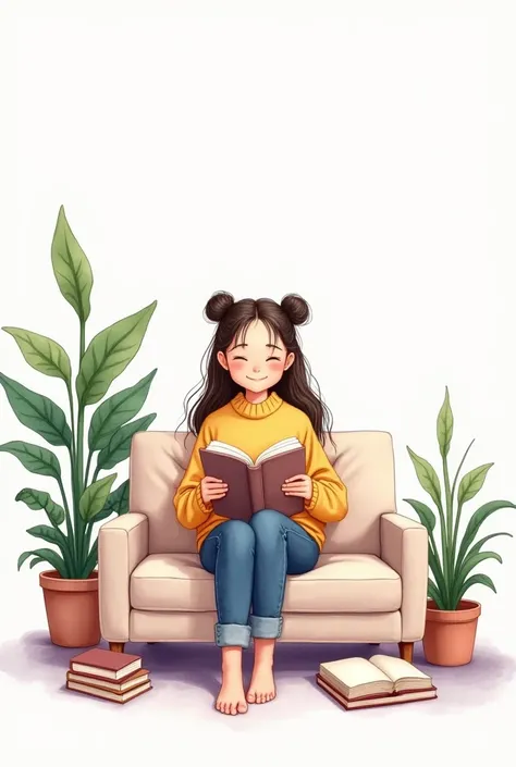 watercolor sketch, more white on design. A girl sits on the sofa, surrounded by books and plants, reading an open book in her hand. She has long hair tied back with buns, wearing jeans and a yellow sweater, in a simple illustration style, with a flat paint...