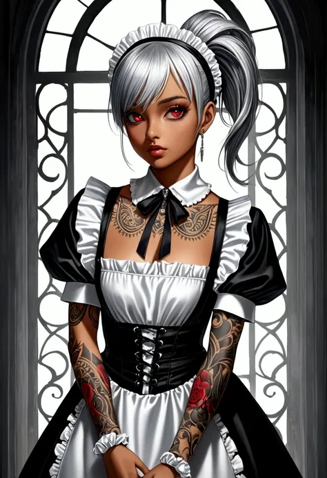 tanned skin cool beauty, silver shiny silky short ponytail, amorous and lewd expression, captivating red eyes, superlative body proportion, covered in tattoos, wearing black and white Northern Renaissance Gothic style maid outfit, background iridescent var...