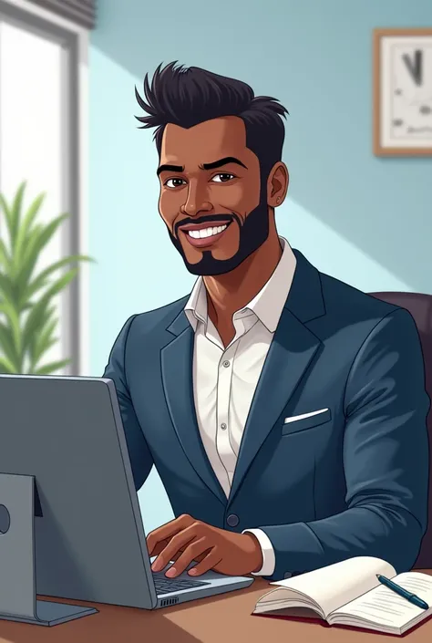 A dark hansome man seated in an office with a computer in front of him ready to work cartoon