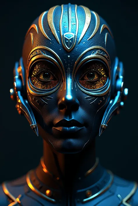  A tribal-inspired metallic mask mixed with a half-human futuristic design.  Made of superimposed metal plates ,  has a black finish with gold details that shine discreetly . Eye areas are covered by glass with neon glitter like moving tribal symbols.  The...