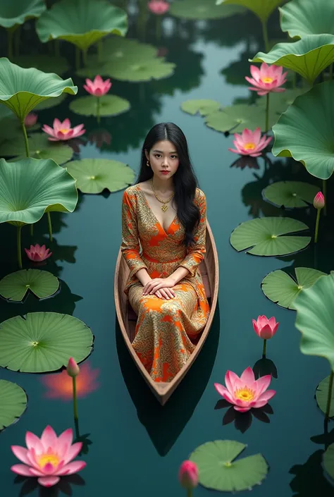 A beautiful woman in a Thai dress sits in a rowboat in a top view with lotus leaves and lotus flowers all over the pond.