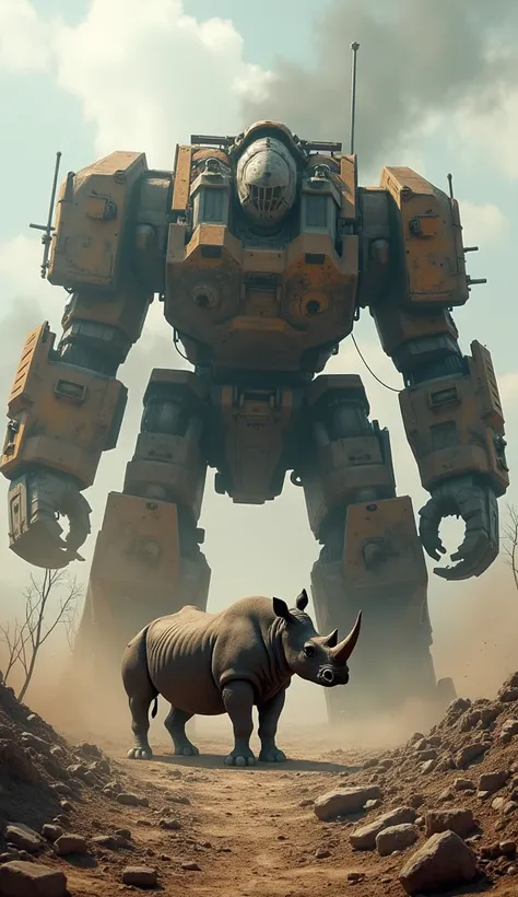 "A dramatic confrontation between a rhino and a massive bulldozer in a rugged terrain. . Opposing it, the bulldozer stands firm, its massive treads digging into the earth as it roars to life, its engine whirring loudly. The scene unfolds in a barren, war-t...