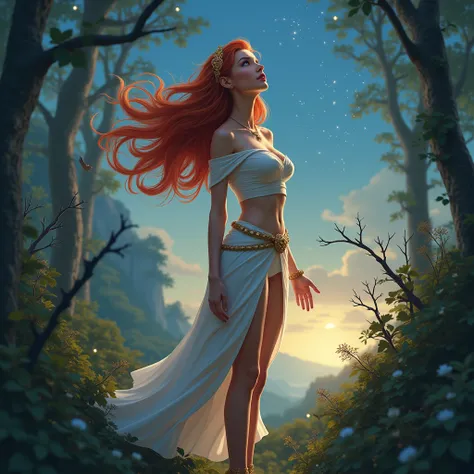 human, female, red hair, tall, blue eyes, light skin, large breast, stand a little to the side, short white top, sleeves only on the arms, off the shoulders, skinny skirt, gold belt, gold sandal, gold hair ornament, thorns and brambles emerge from the hand...