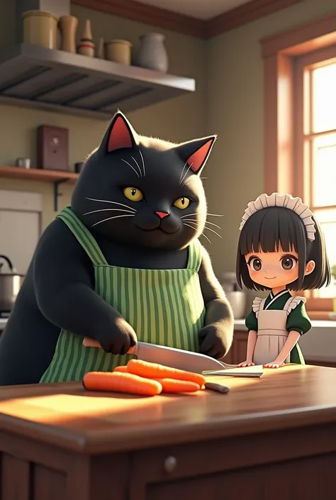 ultra-realistic, photorealistic, dramatic scene, shadow, global-illumination, perfect anatomy, cute chibi-anime characters, there are cute maid Japanese girl and human-like-cat, in the antique room, (the giant chubby black cat is wearing a vertical striped green apron:1.2),  (the cat is cutting carrots on the cutting board with knife at the home kitchen), antique furnishings, many kind of cooking tools, professional stove, the girl is looking at the cat from behind the cat, the cat is standing, gentle sunlight, professional lighting, (Detailed giant black cat:1.3), the Japanese beautiful girl is looking at the cat with happy smile, the Japanese girl wearing a cute colored maid outfit,