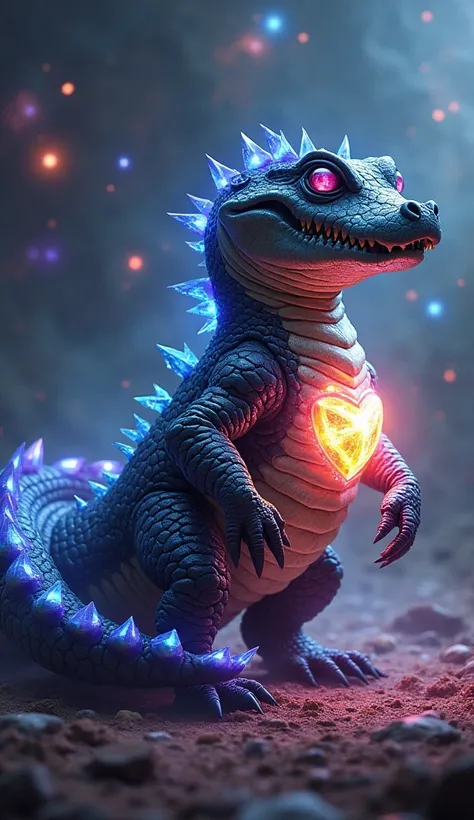 A powerful, mythical creature that blends the ferocity of a crocodile with the cosmic energy of an Infinity Stone. This hybrid has the sleek, muscular body of a crocodile, with dark, shimmering scales that reflect the colors of the Infinity Stone embedded ...