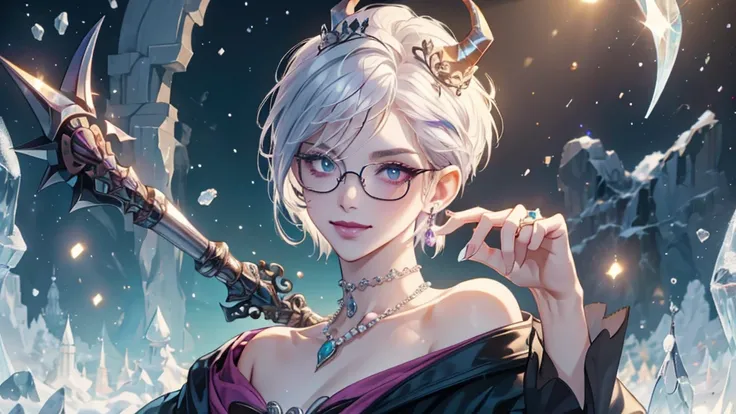 8k, masterpiece, best quality, highly detailed, 1 girl, devil, demon horns, warlock, pixie cut, white hair, multicolored hair, very short straight hair, red highlight hair on white hair, stippled hair, wearing glasses, round glasses, earrings, red eyeshado...