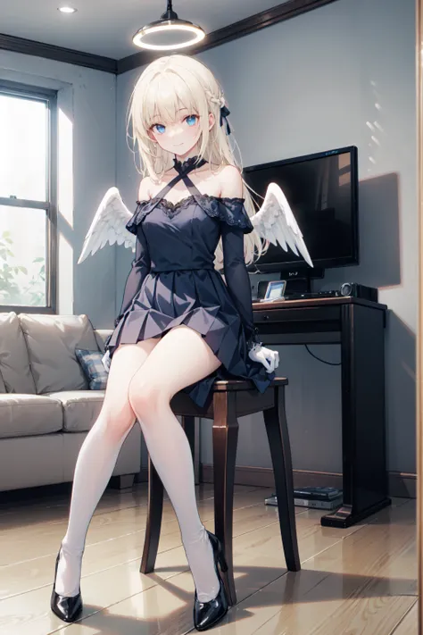  very detailed ,   masterpiece  ,     is the best quality  , ,     soft smile , Smile gently,  Modern style living room ， blue eyes ,   long hair , blond,  bangs, Halo， blue and white off-the-shoulder pleated skirt in the room，white lace socks 、Blue high h...