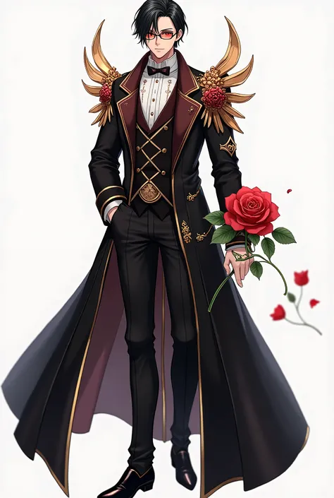  This image shows an elegant and innovative costume design for a male character .  The costume consists of several :

1. **Upper part**:  that includes a long formal black coat decorated with Rose red decorations in the center and on the shoulders . The de...