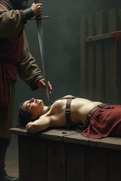 A young woman is strapped down on a horizontal medieval torture table. She lies on her back. Her arms are bound above her head. She looks scared. Her entire belly is visable. There is an executioner standing next to the table. He is holding a sword close t...