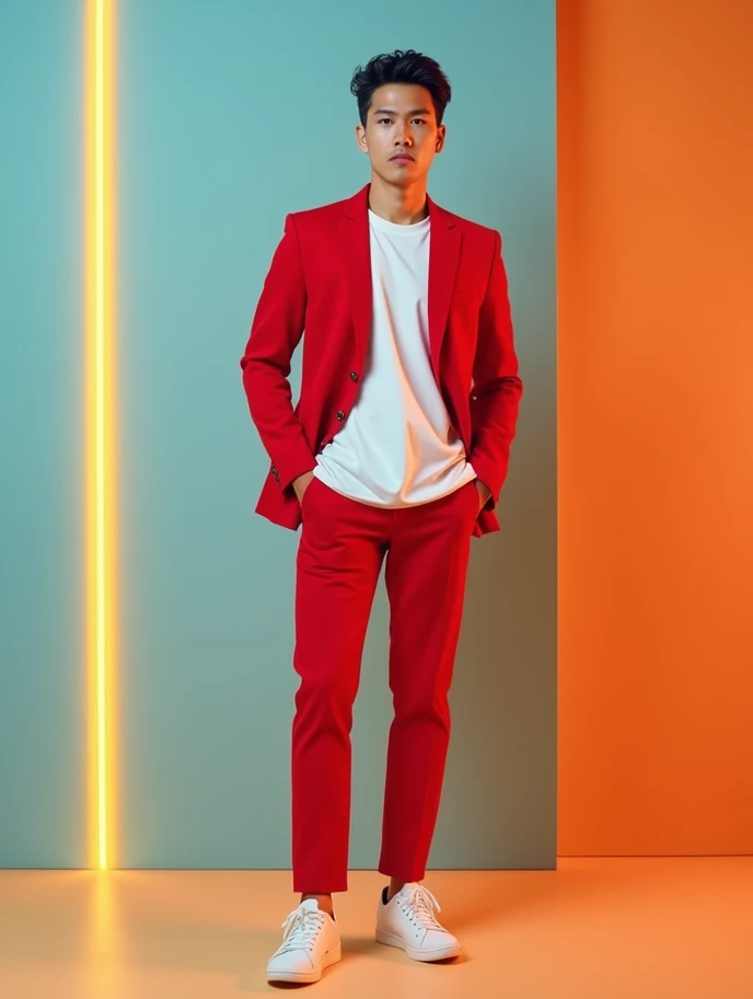 Photoshoot profesional artis tampan indonesia,  wearing white t-shirt , red blazer ,  red pants ,  and white snaker ,  pose standing with shadow in yellow line 3D photo studio room, light blue , orange. hyper realistic, hyper detil, 32K.