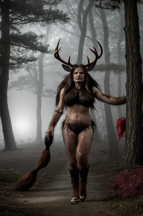 deer woman, (Mature female:1.5), solo, animalistic, inhuman, animal features, claws, large claws, hooves, cloven hooves, horns, antlers, (dark skin:1.2), long hair, (body hair:1.5), (leg hair:1.5), (arm hair:1.5), breasts, medium breasts, navel, pelvic cur...