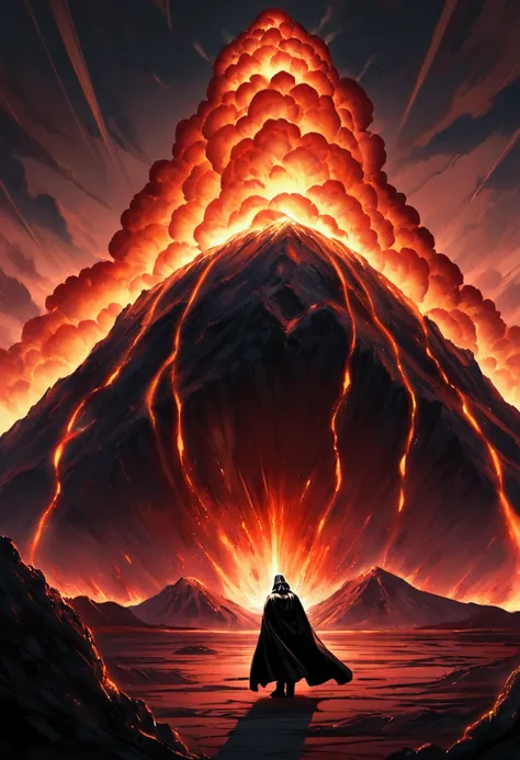 Darth Vader of Star wars fame, riding on an Imperial hovercraft, is investing an erupting volcano, volcano world