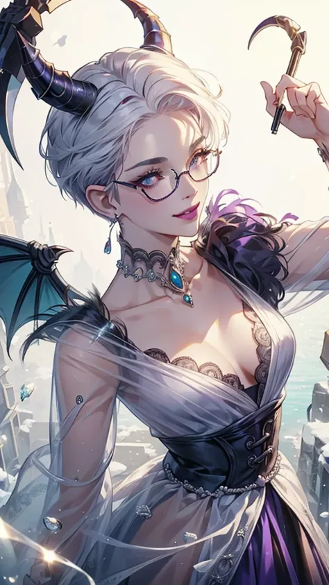 8k, masterpiece, best quality, highly detailed, 1 girl, devil, demon horns, warlock, pixie cut, white hair, multicolored hair, very short straight hair, red highlight hair on white hair, stippled hair, wearing glasses, round glasses, earrings, red eyeshado...