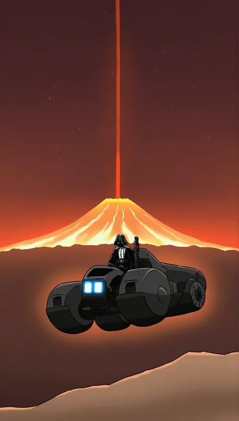 Darth Vader of Star wars fame, riding on an Imperial hovercraft, is investing an erupting volcano, volcano world
