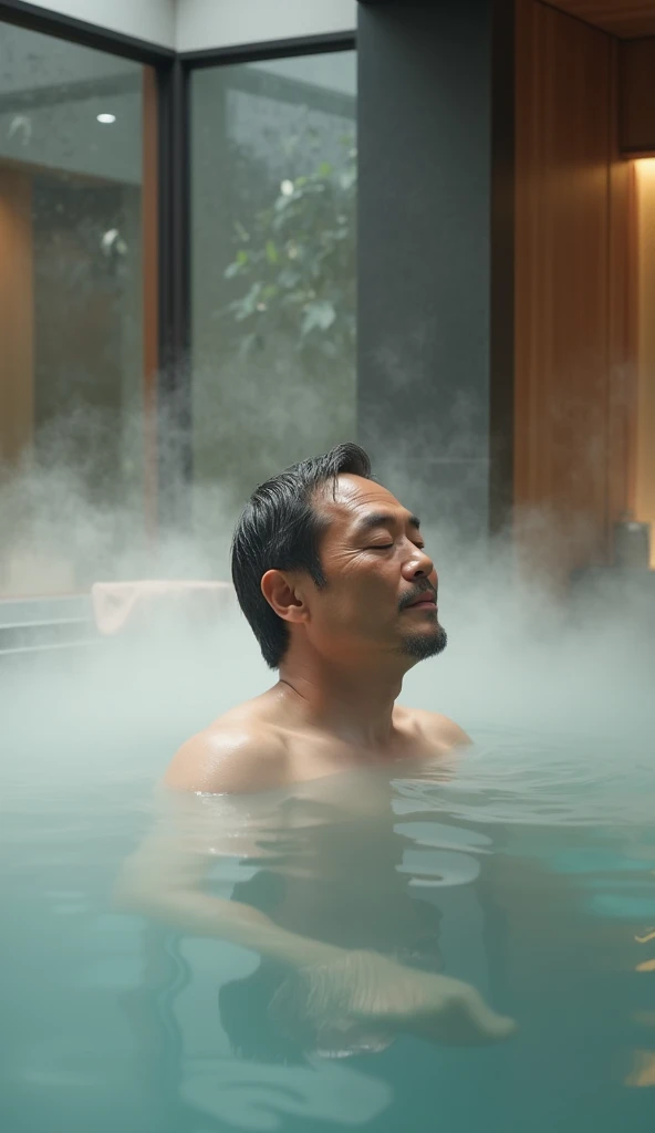 Japanese man bathing in a modern public bath
