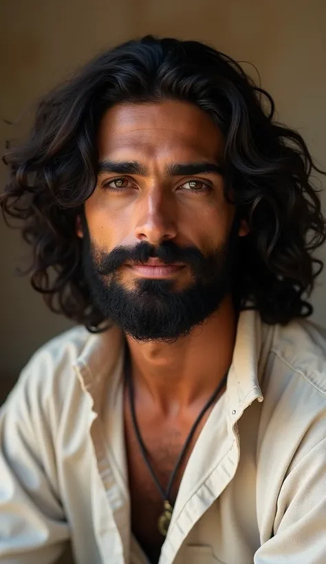 An image of a man with olive-toned skin, reflecting Mediterranean heritage. He has long, black, curly hair that falls over his shoulders and a full, well-groomed beard. His eyes are large and expressive, conveying deep serenity and gentleness. He is dresse...