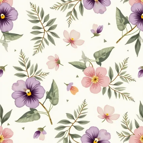 Create a seamless foliage pattern featuring intricate, softly painted violets in shades of deep plum, lilac, and blush. Include clusters of pastel periwinkle and warm ochre petals, framed by sweeping fern leaves in muted greens. Ensure the design has a tim...