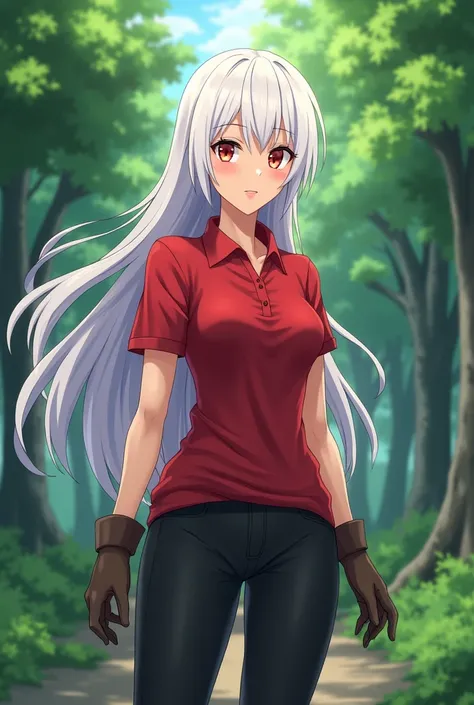 Jujutsu Kaisen Anime Style Of A 28-year-old woman with an hourglass body with long hair and white hair and a red eye and a brown eye and a red polo-style shirt and brown gloves and black pants and black heels and she is cheerful against a background of a f...