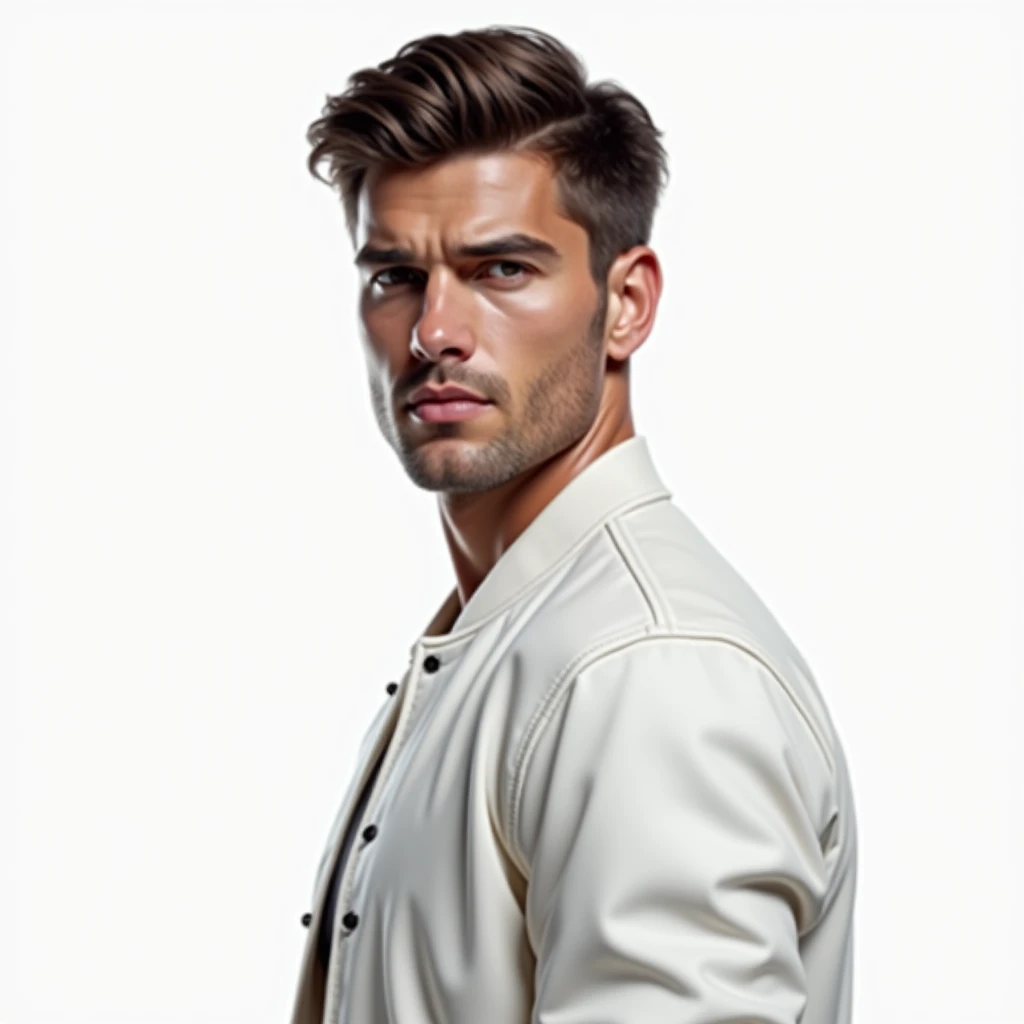 portrait, male modal wearing white baseball jacket BREAK white background and looks realistic,