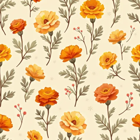 Create a seamless countryside pattern featuring charming, textured marigolds in shades of amber, saffron, and pale apricot. Include clusters of blush pink and sage green buds, intertwined with curly vine leaves with natural variations. Ensure the design ha...