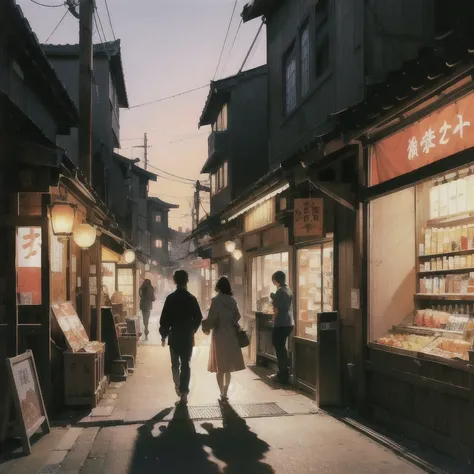 A detailed anime-style scene set in the early evening in a traditional downtown area of Tokyo. The setting features narrow streets lined with old-style wooden buildings, small family-run shops, and warm glowing lanterns. The sky is a gradient of orange and...