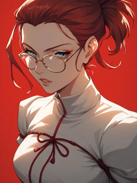 score_9, score_8_climb, score_7_climb, score_6_climb, score_5_climb,  Lhta 4564  , 1 women, Long red hair tied up , Ring on the head,  Stylish Ninja Dress with Silver Frame Round Glasses, Red Reflective Lane,   glasses, precise,  best quality ,  looks at t...