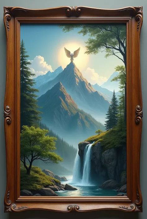 Wooden picture with a single point of view, a point with a mountain with an angel and a waterfall