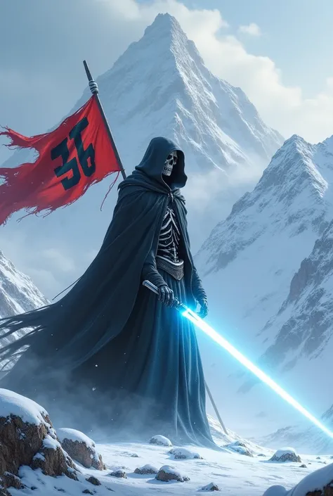  Futuristic Reaper with a lightsaber in his hand ,  let the background be snowy mountains ,  add a flag on the back that has written: "귀신"