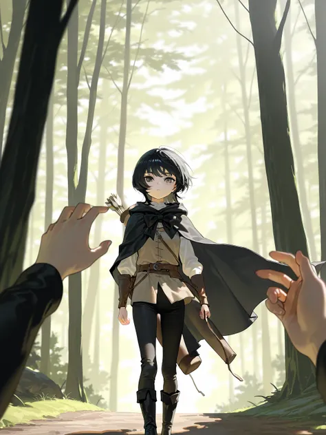 {{upper body}} 1girl, pov, human girl, young woman, black hair, short hair, wolf cut, hazel eyes, black cloak, brown leather vestment, black trousers, black boots, bow in hand, quiver on back, black hood, outdoors, forest, medieval fantasy