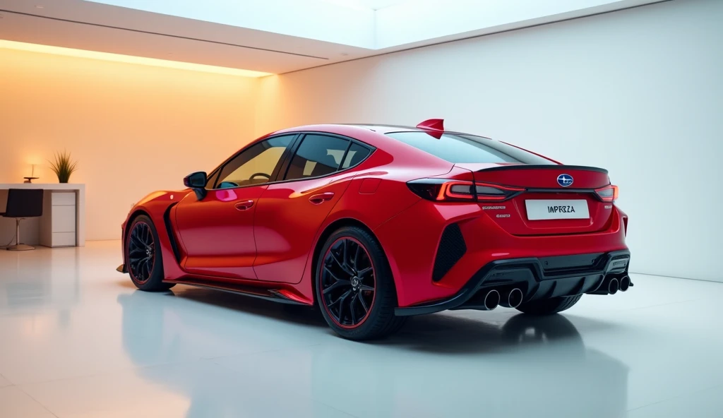 A ( right) view of a ( red)  2025(Subaru Impreza)  a futuristic concept car, added “(Subaru Impreza)” in (Impreza) license plate.standing in a white luxury showroom. The showroom has warm glacier white and goldan hue lights.