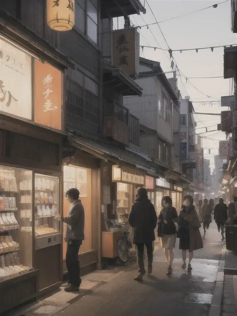 A detailed anime-style scene set in the early evening in a traditional downtown area of Tokyo. The setting features narrow streets lined with old-style wooden buildings, small family-run shops, and warm glowing lanterns. The sky is a gradient of orange and...