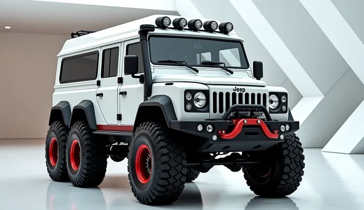 

"A powerful 6x6 jeep camper van van with a rugged, off-road design, shown from the  front view. The vehicle has six large, all-terrain tires with deep treads, a tough, angular exterior, and  white.skeel finish. It features large windows, LED headlights, ...