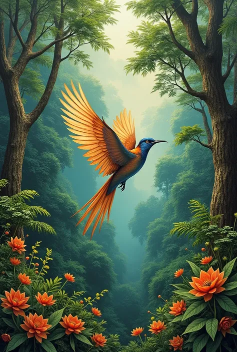  masterpiece , Collage, bird flying in the forest