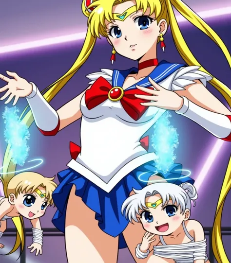 Sailor Moon, a former professional bondage practitioner who has become a mature woman, holds two young, tied up beautiful boys 、 Two beautiful boys with white eyes and an ahe-faced face in a hypnotized state after being applied by Sailor Moons pink magic h...