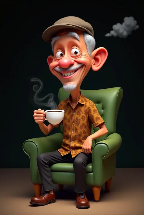 realistic, funny and exaggerated 5d caricature of an old Indonesian man with a big smile, wearing a flat cap, batik shirt and dark trousers. He is sitting casually on a green chair, holding a cup of coffee with steam rising, creating a warm and relaxed atm...