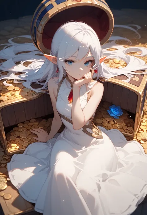 An anime art of 1girl: Frieren {from Frieren}, short, diminutive elf with white hair wearing a simple sleeveless white dress, bare arms, and staring emotionlessly; staring a treasure chest thoughtfully.