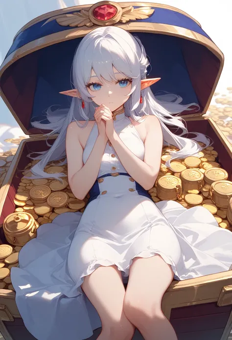 An anime art of 1girl: Frieren {from Frieren}, short, diminutive elf with white hair wearing a simple sleeveless white dress, bare arms, and staring emotionlessly; staring a locked treasure chest thoughtfully.  She is wondering whether she should open it.