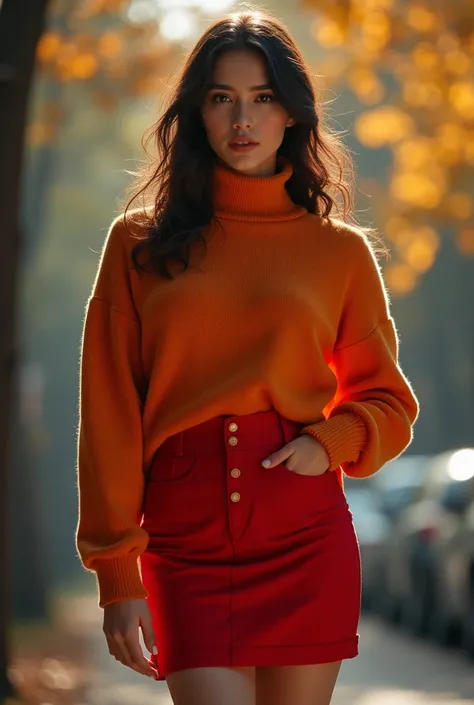 Full body cinematographic photo of a realistic square-cut brunette woman dressed in a sparse orange turtleneck sweater with a 108 cm bust with an 80 cm waist and a sexy red miniskirt with 113 cm hips, .  35mm photograph , film, bokeh, professional, 4k,  hi...